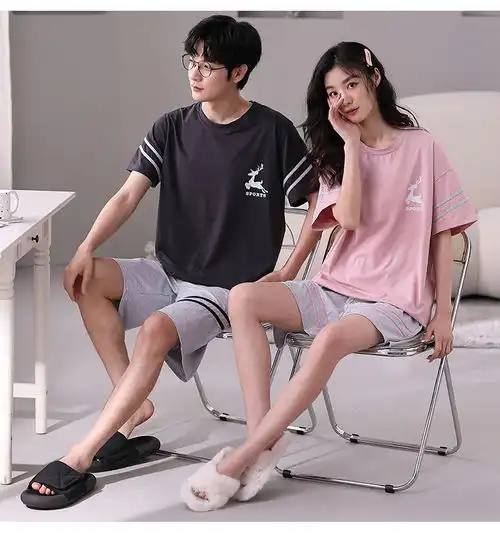  夏季女睡衣短袖纯棉家居服情侣夏天全棉网红直播款套装套头薄款男