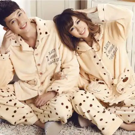  新款秋冬季珊瑚绒情侣睡衣韩国长袖睡衣套装可爱男女家居服男a096