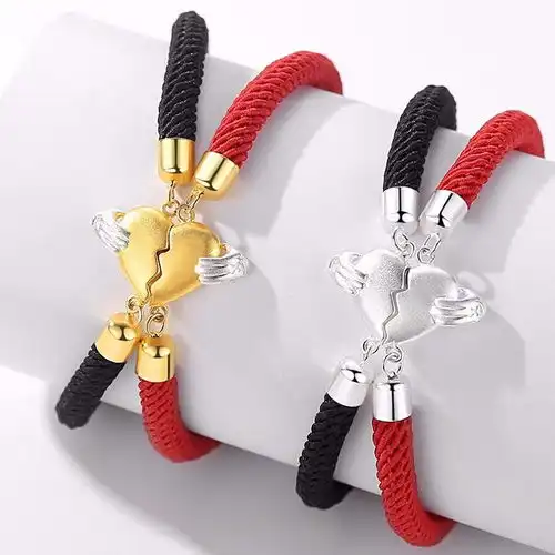  抖音同款红黑绳纯银爱心情侣手链爱情定情信物一对心碎时分项链