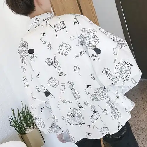  港风春秋情侣款衬衫男学生韩版宽松印花长袖大码翻领蝙蝠嘻哈衬衫
