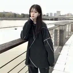  初春韩版中长款宽松个性设计情侣款慵懒风套头t恤卫衣上衣外套女