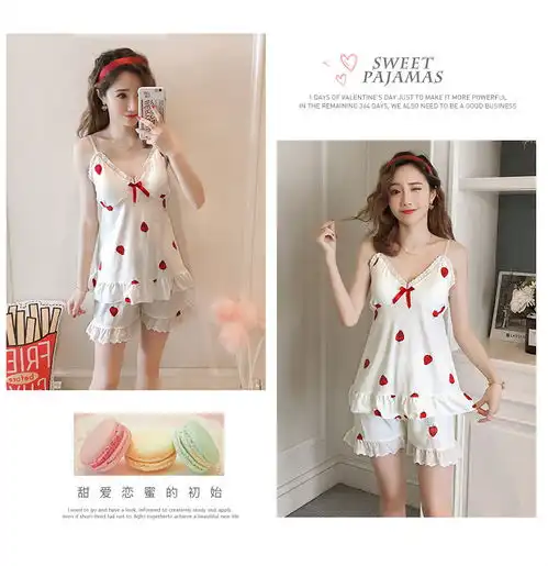  女款简约性感吊带睡衣韩版带胸垫学生睡衣套装四季可穿