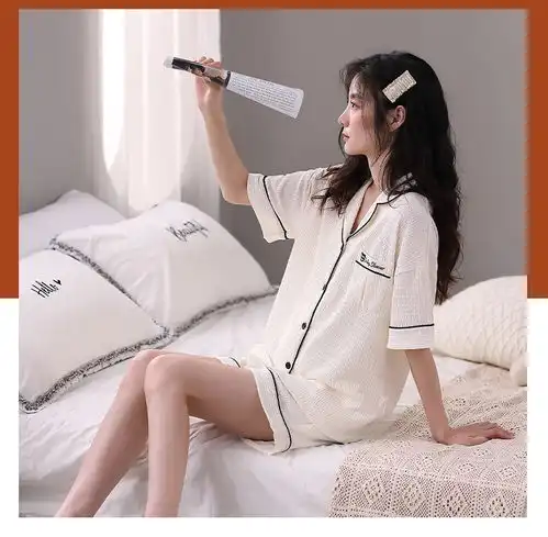  夏季女睡衣短袖纯棉家居服情侣全棉网红款直播开衫皱布套装薄款男