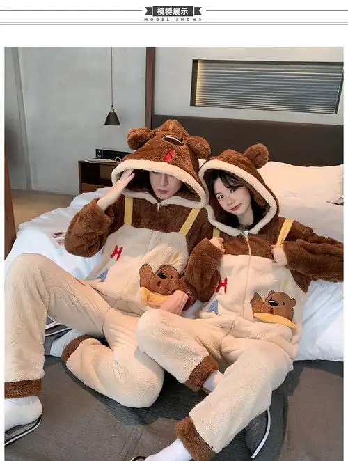  长毛绒连体情侣睡衣女冬季加绒加厚可爱卡通男珊瑚绒家居服可外穿