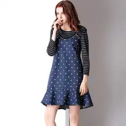  法米姿秋冬新款条纹波点拼接吊带荷叶边减龄显瘦假两件连衣裙98425图片大全邮乐官方网站