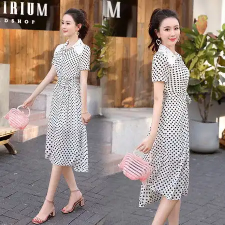  施悦名2019夏装新品女款韩版时尚甜美中长裙波点连衣裙a图片大全邮乐官方网站