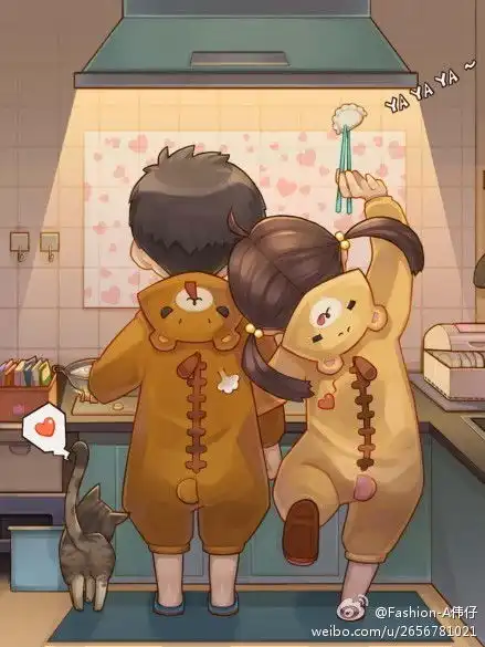  请问以下这张穿小熊连体睡衣情侣做饭图出自哪里作者是谁呢是什么动画片或者漫画之类的吗