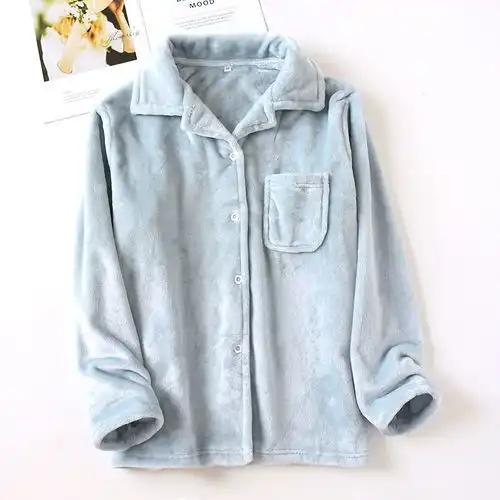  单件睡衣男女上衣秋冬加厚法兰绒情侣款纯色保暖开衫珊瑚绒家居服