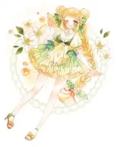  一个双手胸前握紧微笑的女生,动漫图片,清新,治愈系,背景颜色和女生衣服颜色好像是青色或者浅绿色