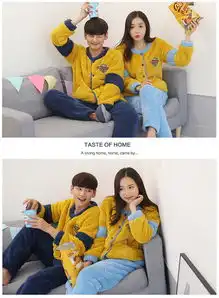  冬季长毛法兰绒开衬情侣睡衣休闲男女韩版睡衣法兰绒家居服套装