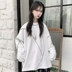  初春韩版中长款宽松个性设计情侣款慵懒风套头t恤卫衣上衣外套女