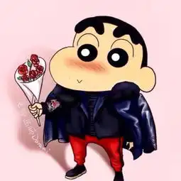  求一蜡笔小新手拿鲜花,黑西装红裤子的头像原图