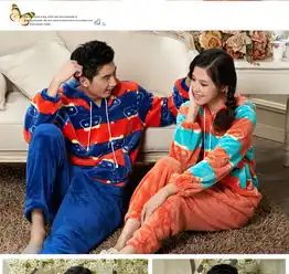  颂美秋冬季珊瑚绒男女休闲睡衣可爱卡通连帽情侣加厚家居服套装
