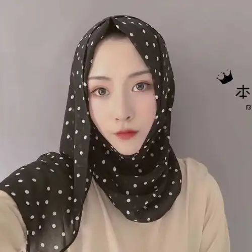  穆斯林纱巾新款夏季时尚休闲波点薄款长巾回族女简单方便盖头巾包