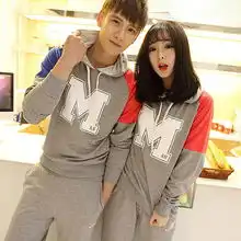  709a162014新款韩版撞色字母长袖连帽套头情侣卫衣套装