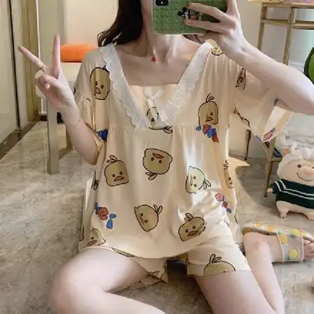  ins公主风睡衣女夏季短袖薄款韩版清新学生可爱少女套装可外穿家居服