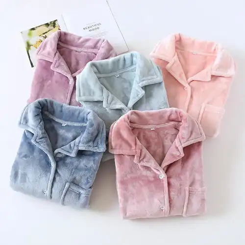  单件睡衣男女上衣秋冬加厚法兰绒情侣款纯色保暖开衫珊瑚绒家居服