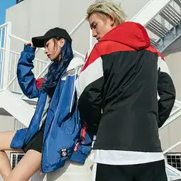  薄款欧美街头冲锋衣拼接休闲风衣连帽外套男女情侣装