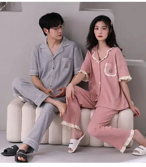  2022春秋女睡衣短袖长裤纯棉家居服情侣全棉可外穿直播套装薄款男