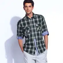  可变袖格子衬衫情侣款男款墨绿格纹的清晰图片