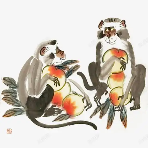  中国风水墨画两只猿猴抱桃插画免高清素材水墨画设计图片页面网页平面电商创意素材png素材桃子素材