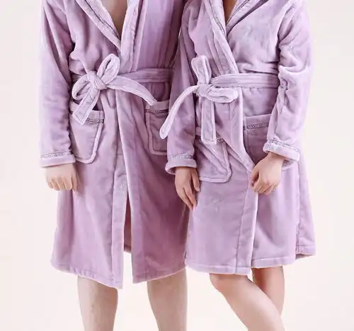  玉沙家纺法兰绒浴袍男女情侣款加厚保暖浴衣开襟绑带珊瑚绒浴袍