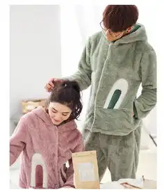  竟丰新款冬季情侣男女加厚羊羔绒长袖长裤卡通开衫睡衣套装带帽大眼睛家居服8818