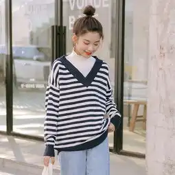2019秋冬韩版简约港风甜美假两件半高领双领宽松条纹套头毛衣女潮ll