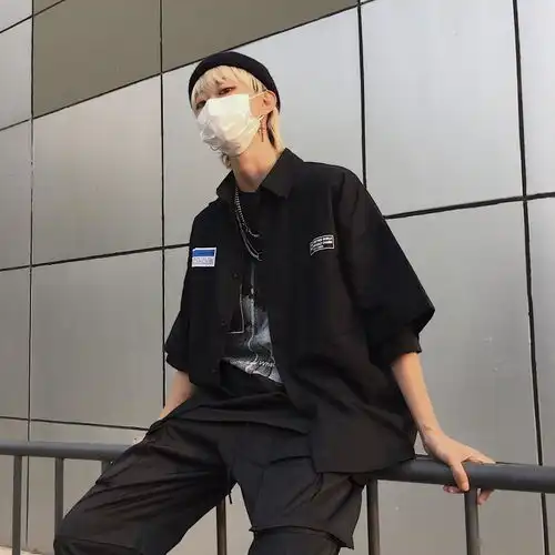  夏季新款韩版ins原宿风复古工装短袖衬衫学生情侣装宽松休闲衬衣