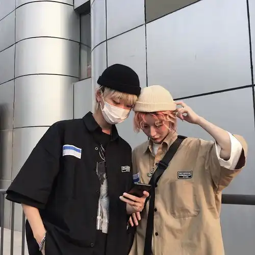  夏季新款韩版ins原宿风复古工装短袖衬衫学生情侣装宽松休闲衬衣