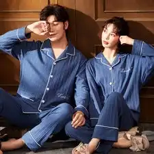  网红春秋季纯棉情侣睡衣长袖男女士开衫家居服舒适秋冬睡衣套装