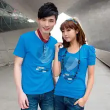  商城夏季大促蓝天麦子情侣装时尚韩版订珠圆领公主袖短袖t恤