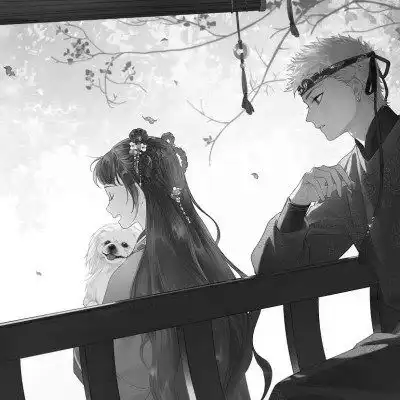  古风动漫情头黑白漫画一对