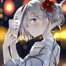  求一副动漫原图,是一个白色头发的女孩戴着狐狸面具,背景是烟花