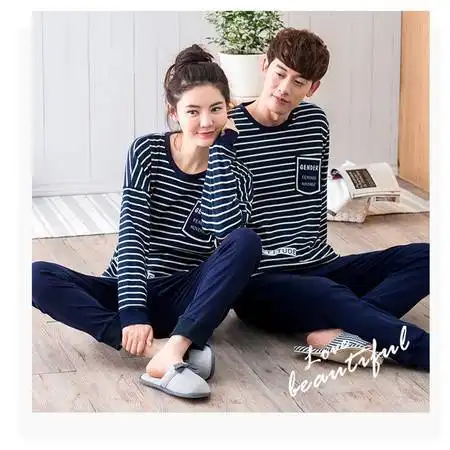  妮狄娅韩版横条情侣睡衣女秋季纯棉长袖春秋时尚男家居服套装图片大全邮乐官方网站