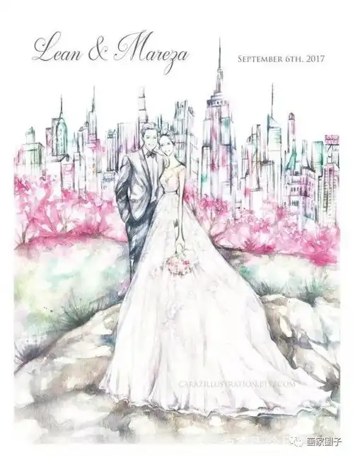 手绘水彩婚纱画,很有意思吧
