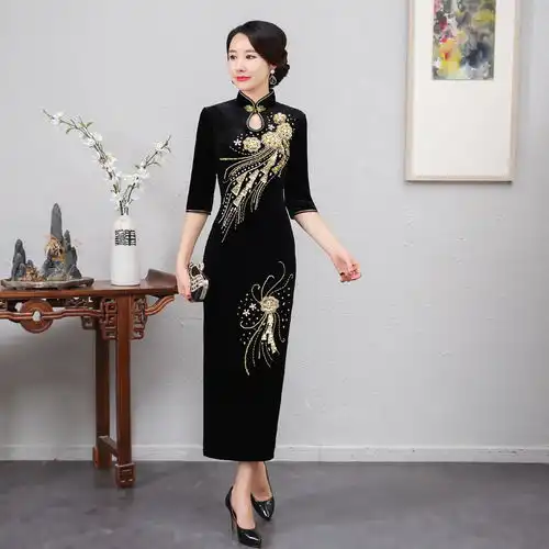  长旗袍军阀太太年会金丝绒大码七分袖遮肚修身妈妈宴会礼服连衣裙