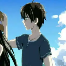  动漫情侣头像,女生手上抱着向日葵,男生给女生戴帽子