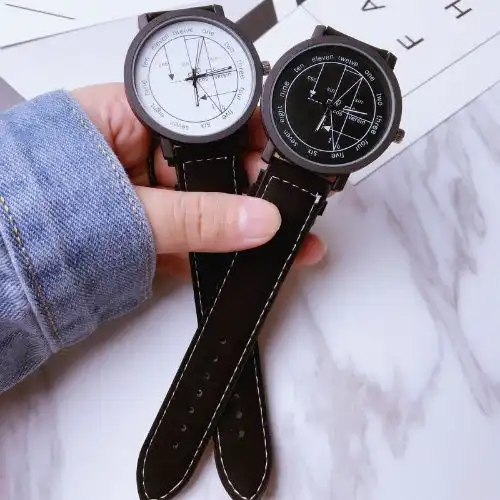  韩版原宿学院风黑白休闲大表盘皮带学生情侣一对复古中学生石英表