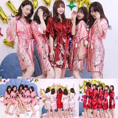 睡袍女夏睡衣趴新娘晨袍丝绸生日闺蜜派对薄款婚礼伴娘团结婚浴袍