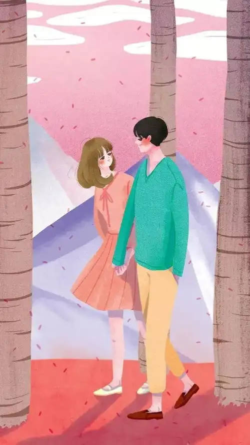 手绘情侣插画手机壁纸