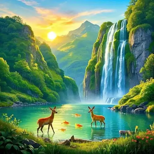  青山绿水能量头像,象征着福鹿悠然惬意,寓意锦鲤悠游自在的生活