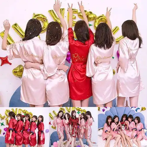 睡袍女夏睡衣趴新娘晨袍丝绸生日闺蜜派对薄款婚礼伴娘团结婚浴袍