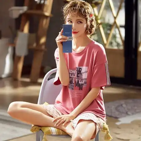  夏季情侣睡衣男女短袖短裤纯棉套装休闲舒适格纹简约家居服两件套