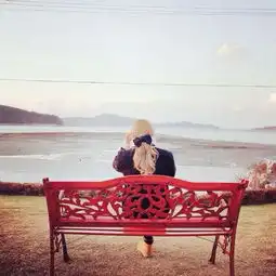  情头像情侣双人两张坐在长椅上,背景是梅花