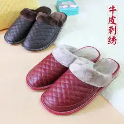  新款秋冬天男女士室内高档牛皮刺绣情侣真皮家居家棉拖鞋现货批发