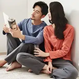  顶瓜瓜情侣纯棉家居服套装舒适简约日式纯色长袖睡衣套装