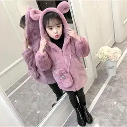  女童2018冬季新款韩版童装儿童中小童纯色小兔子挎包毛毛外套图片大全邮乐官方网站