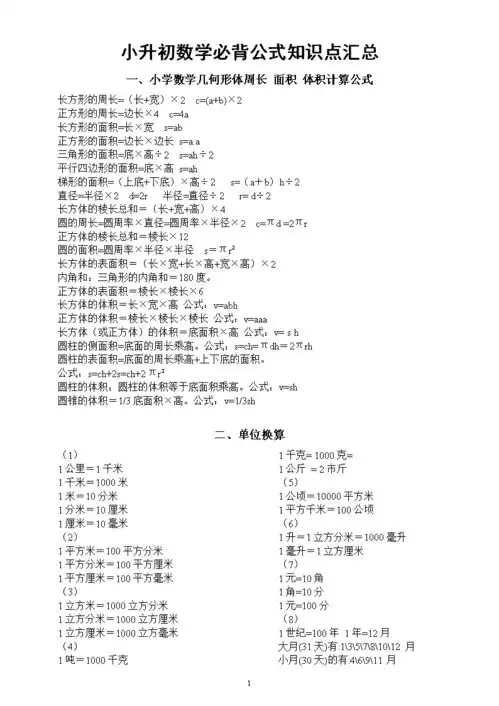小学数学小升初必背公式知识点汇总共五大类直接打印每生一份熟记