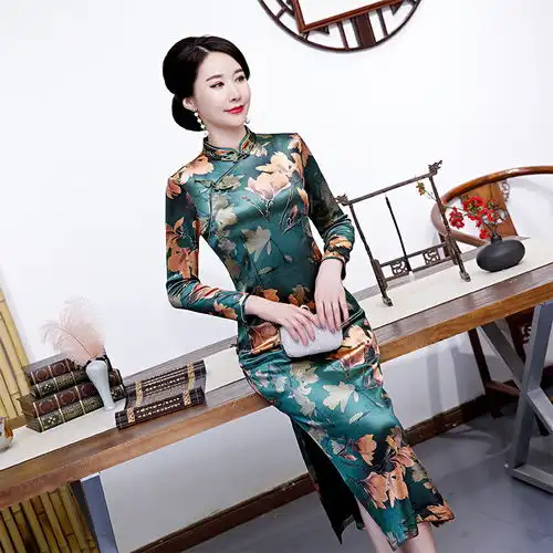  加绒加厚旗袍长款中年旗袍女冬季长袖旗袍连衣裙遮肚旗袍军阀太太